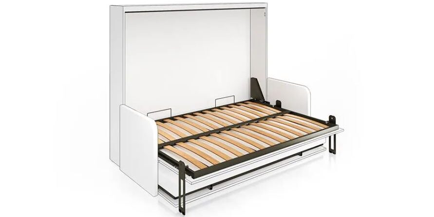 Spirit horizontal Murphy bed kit UK with gas lift mechanism and white cabinet frame, ideal wall bed solution for trade installers, self-builders, and space-saving furniture projects in small UK apartments